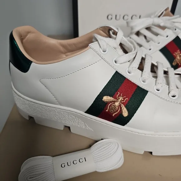 GUCCI ACE WEB BEE PLATFORM SNEAKERS WOMENS Size 40 (9/9½) 577573 - Picture 2 of 16